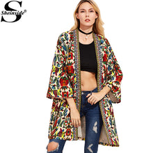 Load image into Gallery viewer, Sheinside European Trench Coat Women Basic Coats Colorful Open Front Outerwear With Tribal Print Tape Detail 3/4 Sleeve Coat