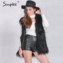 Load image into Gallery viewer, Simplee Fluffy black faux fur vest waistcoat Autumn winter sleeveless outerwear women coats Soft white hairy overcoat