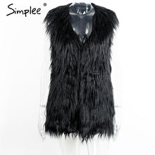Load image into Gallery viewer, Simplee Fluffy black faux fur vest waistcoat Autumn winter sleeveless outerwear women coats Soft white hairy overcoat