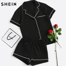 Load image into Gallery viewer, SHEIN Contrast Piping Pocket Front Pajama Set Black Short Sleeve Lapel Top With Elastic Waist Shorts Womens Two Piece Sets