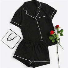 Load image into Gallery viewer, SHEIN Contrast Piping Pocket Front Pajama Set Black Short Sleeve Lapel Top With Elastic Waist Shorts Womens Two Piece Sets