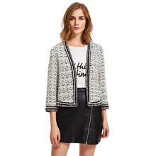Load image into Gallery viewer, SHEIN Pearl Beaded Frayed Edge Tweed Blazer Fall 2017 Fashion Womens Collarless Work Wear Elegant Fitted Blazers