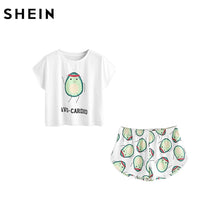 Load image into Gallery viewer, SHEIN Casual Womens Two Piece Sets 2017 Summer Cartoon Avocado Print Short Sleeve Tee and Elastic Waist Shorts Set