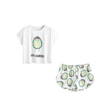Load image into Gallery viewer, SHEIN Casual Womens Two Piece Sets 2017 Summer Cartoon Avocado Print Short Sleeve Tee and Elastic Waist Shorts Set