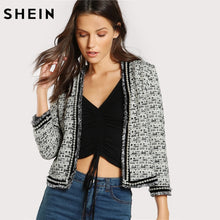 Load image into Gallery viewer, SHEIN Pearl Beaded Frayed Edge Tweed Blazer Fall 2017 Fashion Womens Collarless Work Wear Elegant Fitted Blazers