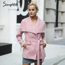 Load image into Gallery viewer, Simplee Wool blend sashes winter coat women Casual wool jacket female coat autumn Loose turn down short overcoat femme 2017