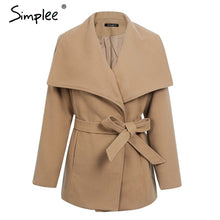 Load image into Gallery viewer, Simplee Wool blend sashes winter coat women Casual wool jacket female coat autumn Loose turn down short overcoat femme 2017