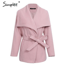 Load image into Gallery viewer, Simplee Wool blend sashes winter coat women Casual wool jacket female coat autumn Loose turn down short overcoat femme 2017