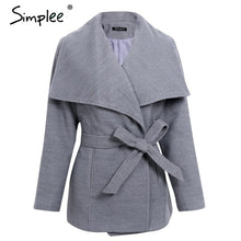 Load image into Gallery viewer, Simplee Wool blend sashes winter coat women Casual wool jacket female coat autumn Loose turn down short overcoat femme 2017