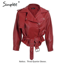 Load image into Gallery viewer, Simplee PU leather jacket coat female Belt basic jacket Casual outerwear faux leather coat Fashion yellow three quarter sleeve