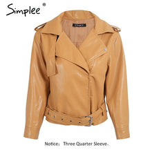 Load image into Gallery viewer, Simplee PU leather jacket coat female Belt basic jacket Casual outerwear faux leather coat Fashion yellow three quarter sleeve