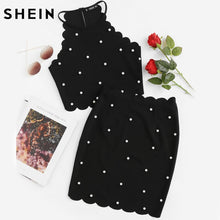 Load image into Gallery viewer, SHEIN Sexy Womens Two Piece Sets 2017 Summer Ladies Black Sleeveless Pearl Beading Scalloped Halter Top and Skirt Set