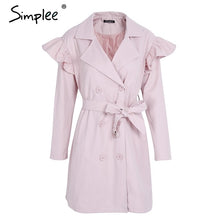 Load image into Gallery viewer, Simplee Ruffle trench coat women outerwear &amp; coats Autumn sash pocket streetwear trench 2017 Casual pink outwear female coat