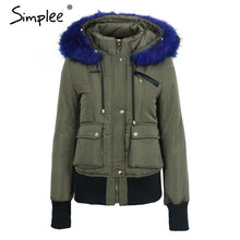 Load image into Gallery viewer, Simplee Hood padded parka winter jacket women coat Fur warm pocket zipper winter overcoat Snow wear thick jacket coat female