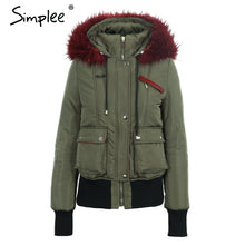 Load image into Gallery viewer, Simplee Hood padded parka winter jacket women coat Fur warm pocket zipper winter overcoat Snow wear thick jacket coat female