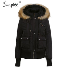 Load image into Gallery viewer, Simplee Hood padded parka winter jacket women coat Fur warm pocket zipper winter overcoat Snow wear thick jacket coat female