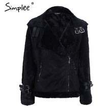 Load image into Gallery viewer, Simplee Faux leather suede lamb fur jacket coat women Moto zipper suede jacket female overcoat Casual turn-down winter coat 2017