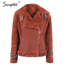Load image into Gallery viewer, Simplee Faux leather suede lamb fur jacket coat women Moto zipper suede jacket female overcoat Casual turn-down winter coat 2017