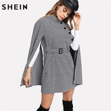 Load image into Gallery viewer, SHEIN Vintage Long Coat Women Black and White Fall Coat Cloak Sleeve Stand Collar Self Belted Houndstooth Cape Coat