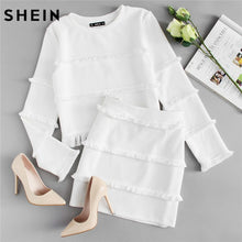 Load image into Gallery viewer, SHEIN 2 Piece Set Women White 2018 Spring Sets Elegant Fringe Detail Textured Long Sleeve Crop Top and Skirt Set