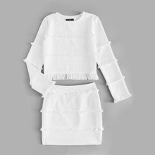 Load image into Gallery viewer, SHEIN 2 Piece Set Women White 2018 Spring Sets Elegant Fringe Detail Textured Long Sleeve Crop Top and Skirt Set