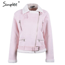 Load image into Gallery viewer, Simplee Leather suede lamb fur jacket coat women Faux suede jacket belt turn-down winter coat female Casual zipper moto overcoat