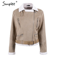 Load image into Gallery viewer, Simplee Leather suede lamb fur jacket coat women Faux suede jacket belt turn-down winter coat female Casual zipper moto overcoat