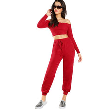 Load image into Gallery viewer, SHEIN Red Two Piece Set Casual Womens Clothing Off the Shoulder Long Sleeve Lettuce Trim Crop Bardot Top and Pants Set