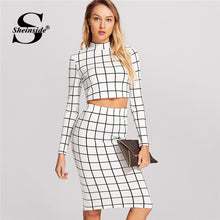 Load image into Gallery viewer, Sheinside Black and White Plaid Long Sleeve Crop Top And Pencil Skirt Plaid Twopiece 2018 Spring Women OL Work Two Piece Set