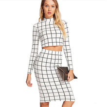 Load image into Gallery viewer, Sheinside Black and White Plaid Long Sleeve Crop Top And Pencil Skirt Plaid Twopiece 2018 Spring Women OL Work Two Piece Set