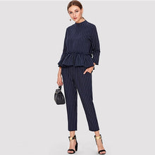Load image into Gallery viewer, Sheinside Navy Striped Elegant Top And Pants Office Ladies Ruffle Hem Round Neck 2018 Regular Fit Women Summer Fashion Twopiece
