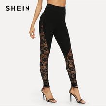 Load image into Gallery viewer, SHEIN Black Sexy Elegant Sheer Floral Lace Insert Skinny Leggings Summer Women Going Out Trousers
