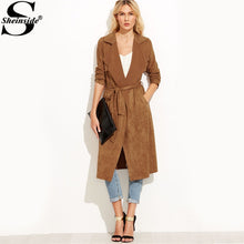 Load image into Gallery viewer, Sheinside Brown Suede Self Tie Duster Trench Coat Long Sleeve Wrap Long Outer With Belt Women Casual Fall Winter Workwear Coat