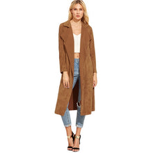 Load image into Gallery viewer, Sheinside Brown Suede Self Tie Duster Trench Coat Long Sleeve Wrap Long Outer With Belt Women Casual Fall Winter Workwear Coat