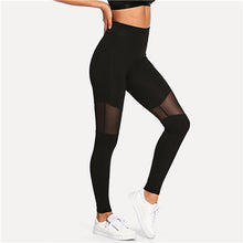 Load image into Gallery viewer, SHEIN Black Casual Sexy Contrast Mesh Contrast Skinny Solid Leggings Summer Women Trousers