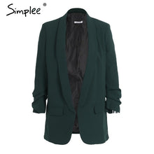 Load image into Gallery viewer, Simplee Turn-down pocket blazer coat women Ruched sleeve black suit blazer Cool OL slim winter outerwear female 2017 new