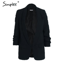 Load image into Gallery viewer, Simplee Turn-down pocket blazer coat women Ruched sleeve black suit blazer Cool OL slim winter outerwear female 2017 new