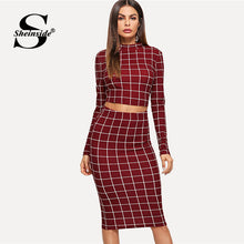 Load image into Gallery viewer, Sheinside Plaid Burgundy Long Sleeve Stand Collar Crop Top and Midi Skirt Elegant Two Piece Set Women Autumn Office Ladies Suits