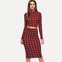 Load image into Gallery viewer, Sheinside Plaid Burgundy Long Sleeve Stand Collar Crop Top and Midi Skirt Elegant Two Piece Set Women Autumn Office Ladies Suits