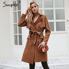 Load image into Gallery viewer, Simplee Turn down collar sash suede trench coat Casual leather pocket long women autumn coat Winter warm outwear overcoat female