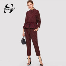Load image into Gallery viewer, Sheinside Striped Burgundy Ruffle Hem Elegant Laides Top And Pants Two Piece Set 2018 Long Sleeve Women Autumn 2 Piece Set