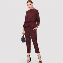 Load image into Gallery viewer, Sheinside Striped Burgundy Ruffle Hem Elegant Laides Top And Pants Two Piece Set 2018 Long Sleeve Women Autumn 2 Piece Set