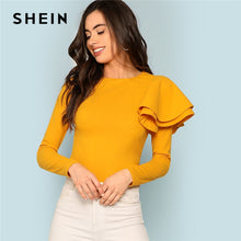 Load image into Gallery viewer, SHEIN Ginger Zip Back Ruffle One Sleeve Tee Elegant Solid  Slim Fit Long Sleeve T-shirt Top Women Modern Lady Autumn Tee Tops