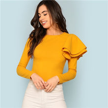 Load image into Gallery viewer, SHEIN Ginger Zip Back Ruffle One Sleeve Tee Elegant Solid  Slim Fit Long Sleeve T-shirt Top Women Modern Lady Autumn Tee Tops