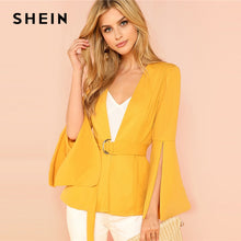 Load image into Gallery viewer, SHEIN Yellow Split Sleeve Belted Outerwear Office Ladies Long Sleeve Plain Wrap Workwear Blazer Women Autumn Elegant Coat