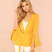 Load image into Gallery viewer, SHEIN Yellow Split Sleeve Belted Outerwear Office Ladies Long Sleeve Plain Wrap Workwear Blazer Women Autumn Elegant Coat