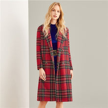 Load image into Gallery viewer, SHEIN Multicolor Double Breasted Waterfall Plaid Longline Coat Elegant Pocket Knee Length Outerwear Women Autumn Trench Coats