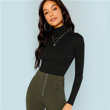 Load image into Gallery viewer, SHEIN Black Turtleneck Slim Fit T-shirt Workwear Office Ladies Plain High Neck Long Sleeve Tee Women Autumn Minimalist Tee