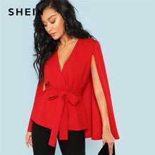 Load image into Gallery viewer, SHEIN Red Elegant Office Lady Open Placket Deep V Neck Cloak Sleeve Solid Blazer 2018 Autumn Highstreet Women Coat Outerwear