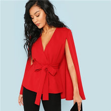 Load image into Gallery viewer, SHEIN Red Elegant Office Lady Open Placket Deep V Neck Cloak Sleeve Solid Blazer 2018 Autumn Highstreet Women Coat Outerwear